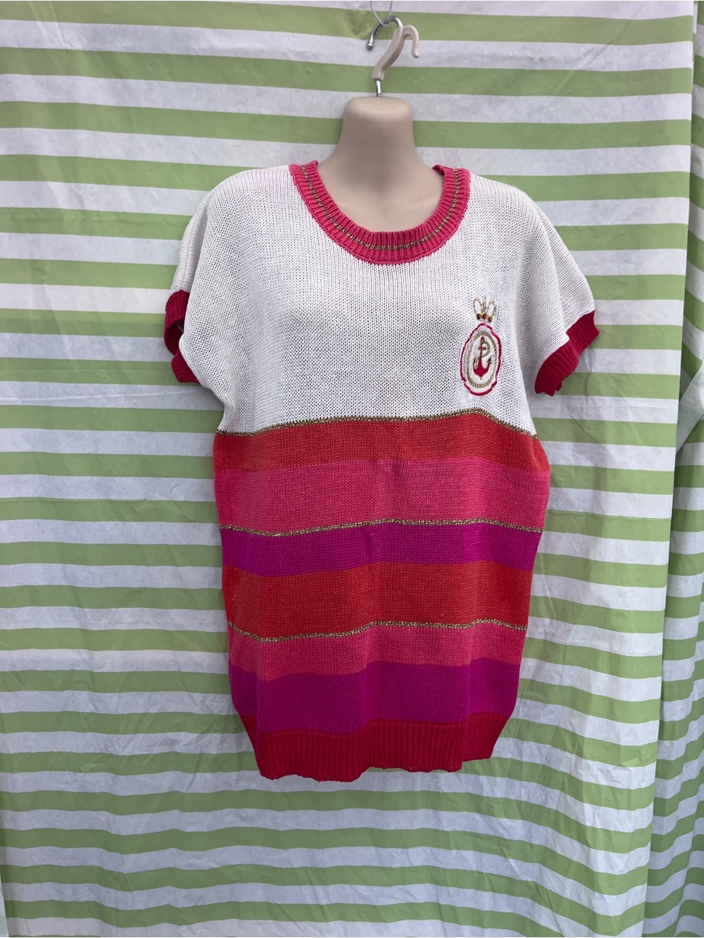 Women's Carriage Court Vintage Short Sleeve Striped Knit Sweater - Pink, White